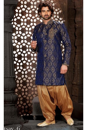 Designer Brocade Blue Indo Western Sherwani